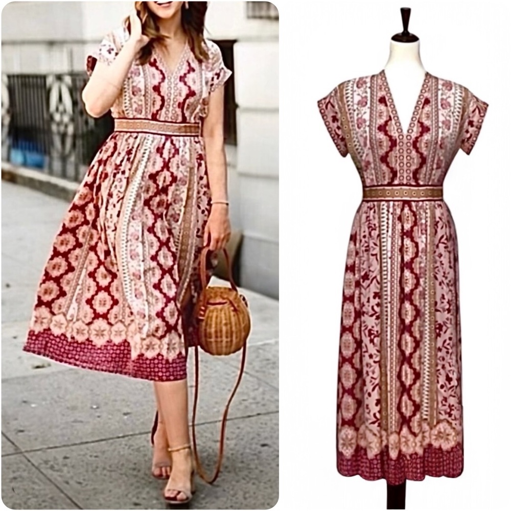 Gal Meets Glam Liza Midi Dress Size 2 Pink Red Floral Spring Wedding Guest